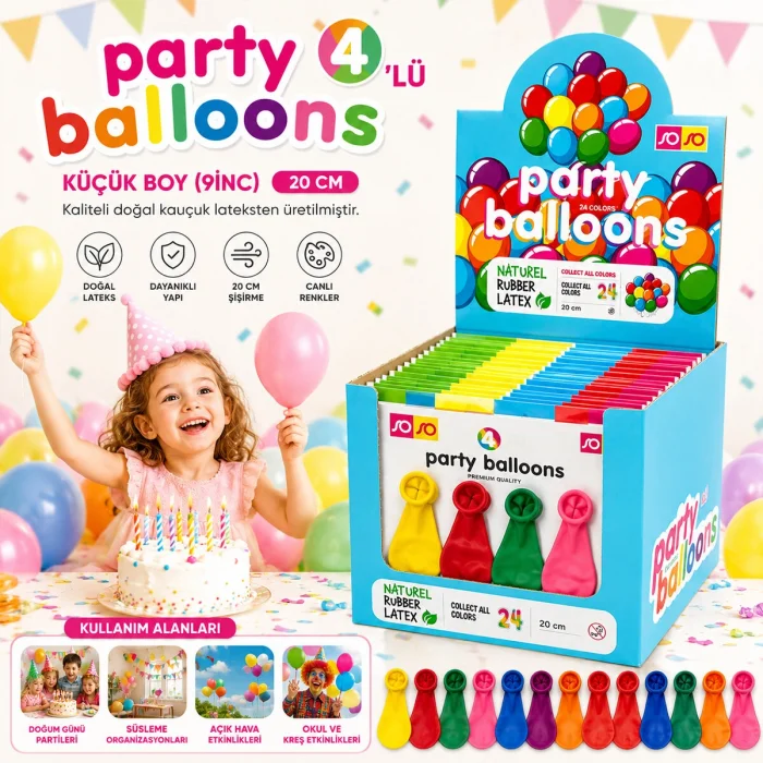 40 PAKET - 4PCS KÜÇÜK BOY RENKLİ 20CM PARTY BALON - TOPLAMDA 160 ADET BALON (5047)