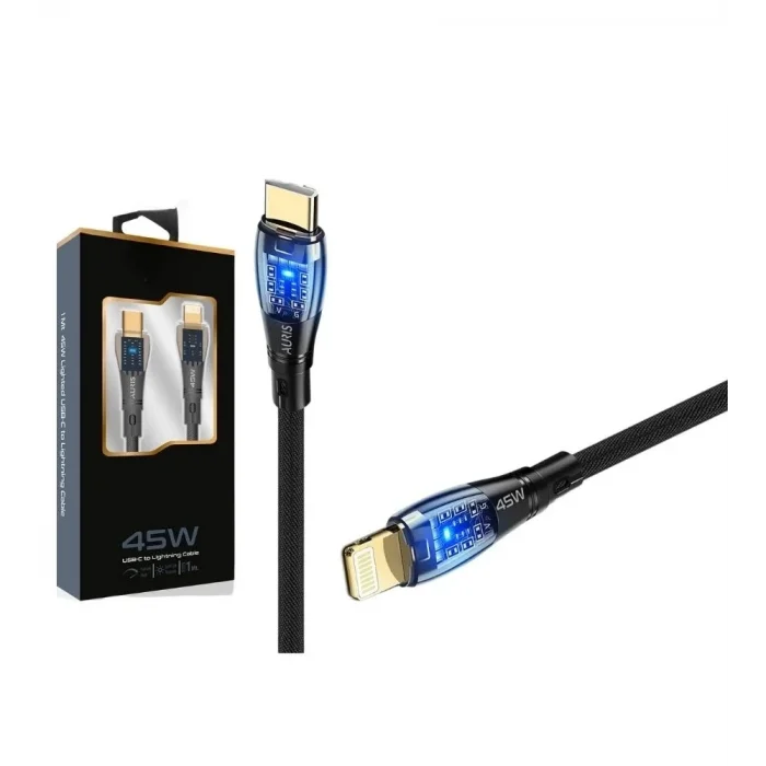 45W USBC Lightning Işıklı Şeffaf Kablo Hızlı Şarj, Dayanıklı Tasarım, iPhone ve iPad Uyumlu