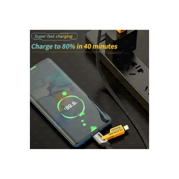4in1 Pd 65 Watt Type-c/27 Watt İphone Halat Örgü Kırılmaz Uç 1mt Hızlı Şarj Ve Data Kablosu Fp98