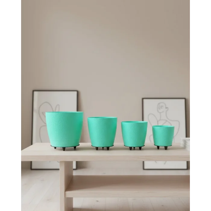 4’lü 3D Ayaklı Yeşil Saksı Seti Dekoratif Modern Tasarım