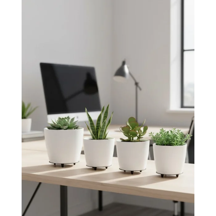 4’lü 3D Beyaz Minimal Dekoratif Vazo Ayaklı Saksı Takımı