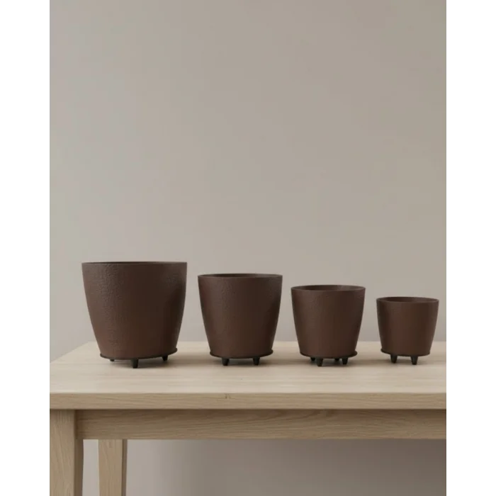 4’lü 3D Kahve Tonlu Ayaklı Saksı Seti Modern Dekoratif Vazo Takımı