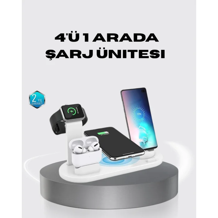 4’lü  Kablosuz Şarj Standı iPhone Watch ve AirPods Çoklu Şarjlı