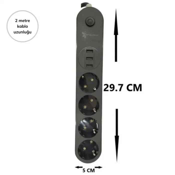 4lü Siyah Anahtarlı 3 USB Li Akım Korumalı Topraklı Çocuk Korumalı Grup Priz 2 Metre