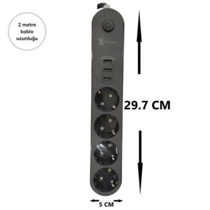 4lü Siyah Anahtarlı 3 Usb Li Akım Korumalı Topraklı Çocuk Korumalı Grup Priz 2 Metre