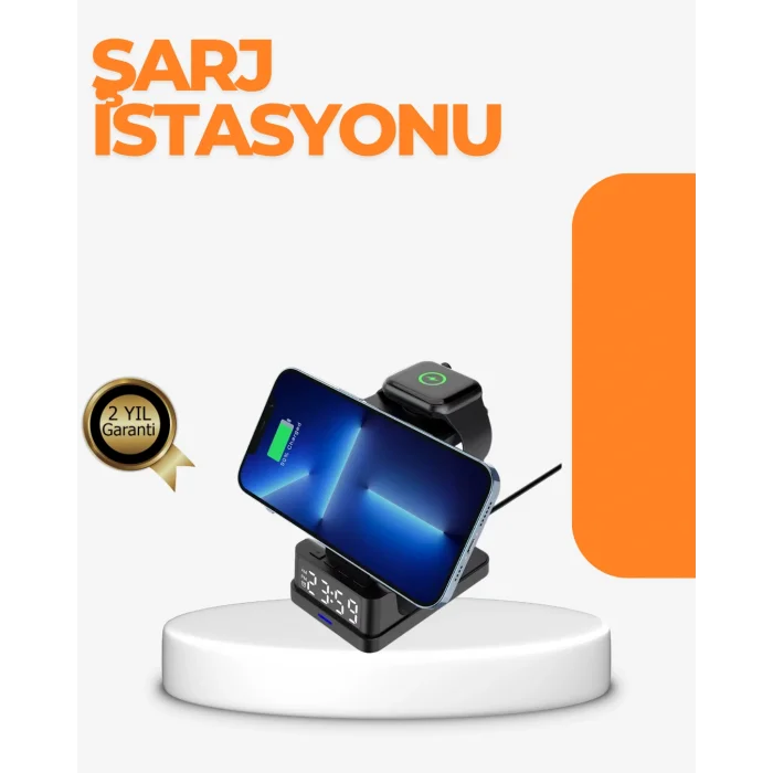 4’ü 1 Arada Kablosuz Şarj İstasyonu LED Saat Ekranlı, Akıllı Güvenlik Koruması