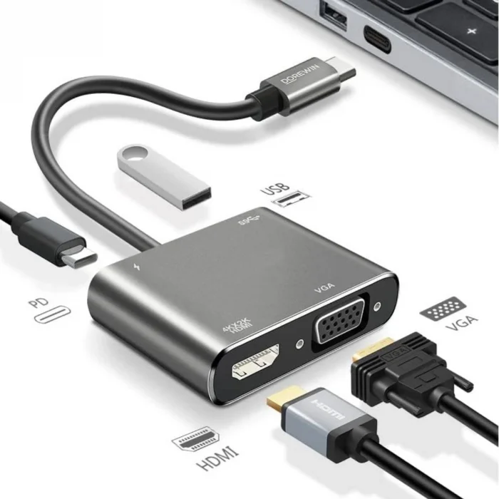 4’ü 1 Arada Type-C to Hub Dönüştürücü Adaptör – 4K Ultra HD HDMI &amp; VGA Görüntü Aktarımı, PD Hızlı Şarj Destekli, USB Çoklayıcı (5047)