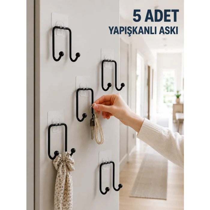 5 Adet Yapışkanlı Duvar Askısı Çok Amaçlı Pratik Askılık Seti