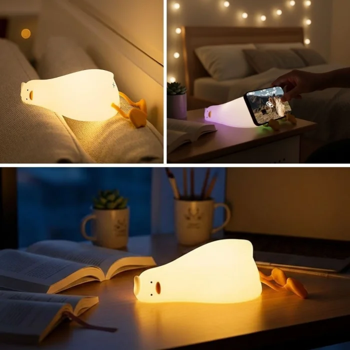 5 Farklı Renk Modlu Tembel Ördek Figürlü Pofuduk LED Gece Lambası–Yumuşak Dokulu Çocuk Odası ve Dekoratif Şarjlı Ortam Işığı (5047)