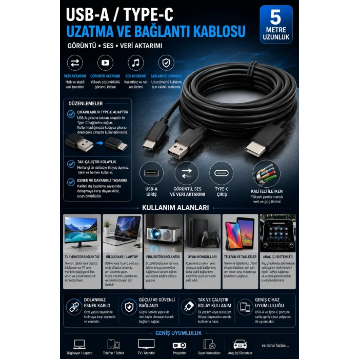 shopwave 5 metre USB-A → USB Type-C uzatma/bağlantı kablosu