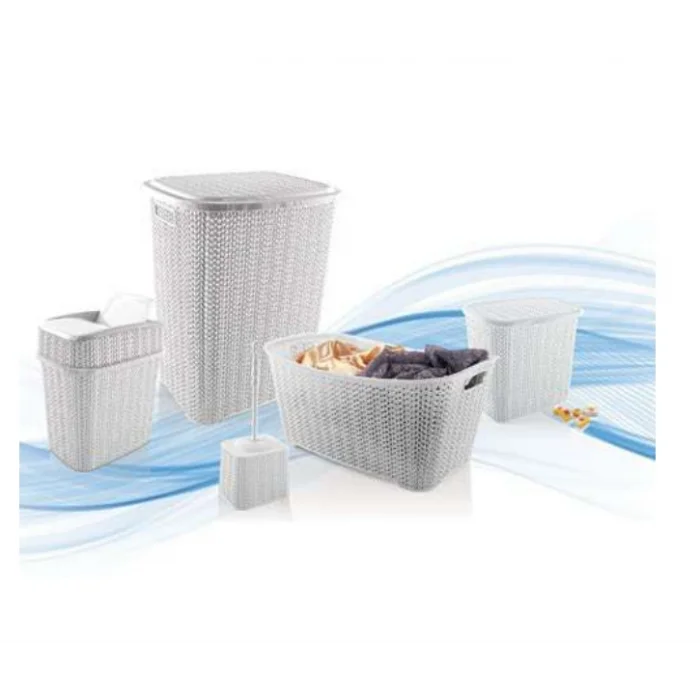 5 Parça Örgü Desenli Plastik Banyo Seti Çamaşır Sepeti Deterjanlık Çöp Kovası Klozet Fırçası - Gri