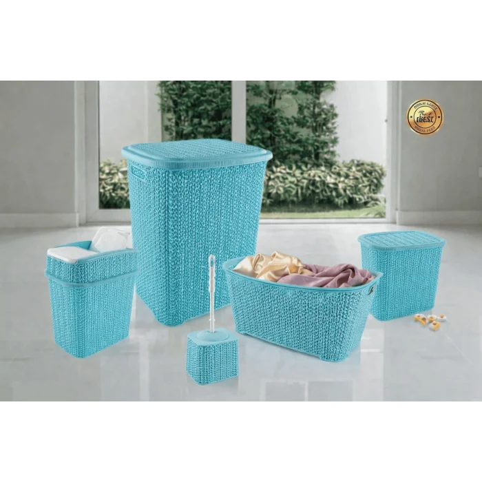 5 Parça Örgü Desenli Plastik Banyo Seti Çamaşır Sepeti Deterjanlık Çöp Kovası Klozet Fırçası - Mavi