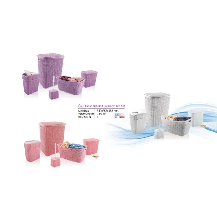 5 Parça Örgü Desenli Plastik Banyo Seti Çamaşır Sepeti Deterjanlık Çöp Kovası Klozet Fırçası - Mavi