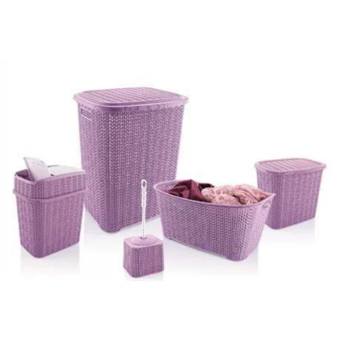 5 Parça Örgü Desenli Plastik Banyo Seti Çamaşır Sepeti Deterjanlık Çöp Kovası Klozet Fırçası - Mor