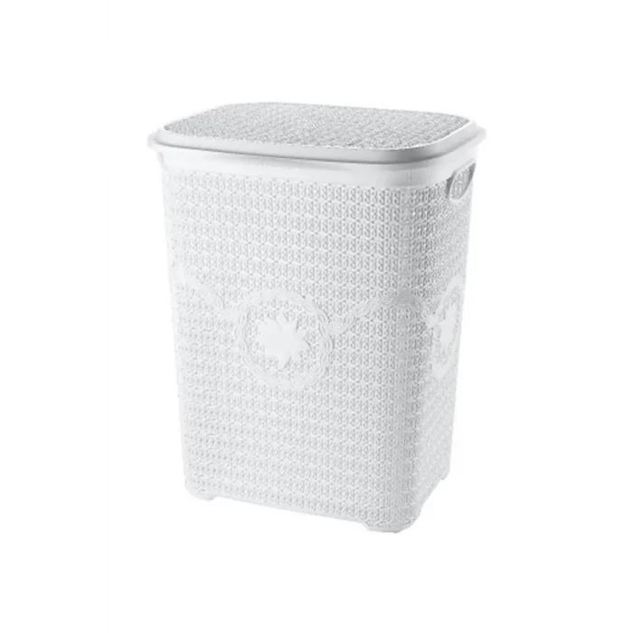 5 Parça Örgü Desenli Plastik Banyo Seti Çamaşır Sepeti Deterjanlık Çöp Kovası Klozet Fırçası - Mor