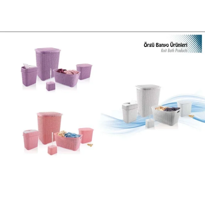 5 Parça Örgü Desenli Plastik Banyo Seti Çamaşır Sepeti Deterjanlık Klik Çöp Kovası Klozet Fırçası