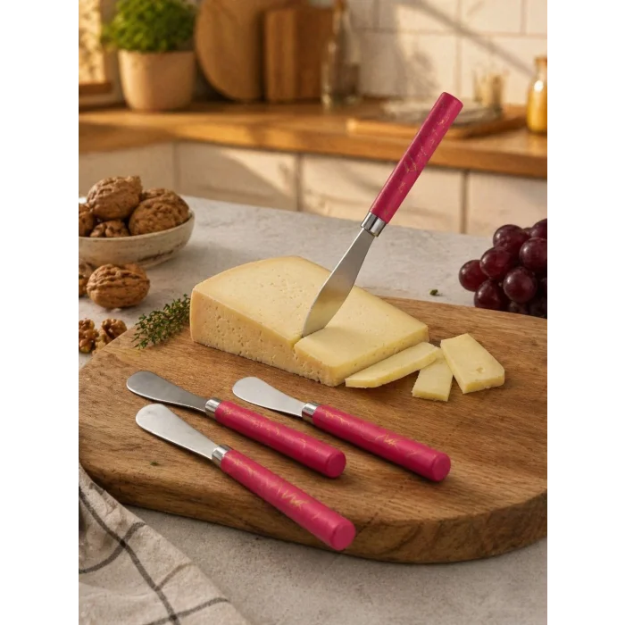 5 PARÇA  UZUN KAHVALTI BIÇAK - KIRMIZI MERMER DESEN SAPLI 16.5 cm (5047)