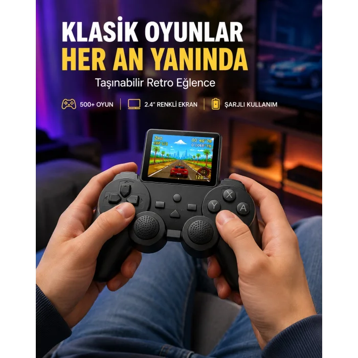 500 Dahili Oyunlu Taşınabilir Retro El Konsolu-2.4 inç Renkli Ekranlı