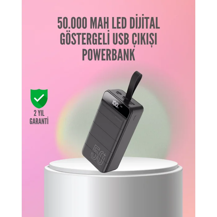 50.000 mAh Ultra Güçlü Powerbank 4 USB Çıkışlı, LED Dijital Göstergeli, Hızlı Şarj Destekli Taşınabilir Şarj Cihazı