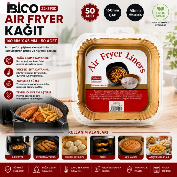 50PCS KARE TABAN: 16CM - KENAR: 4.5CM AİR FRYER PİŞİRME KALIP KAĞIT (5047)