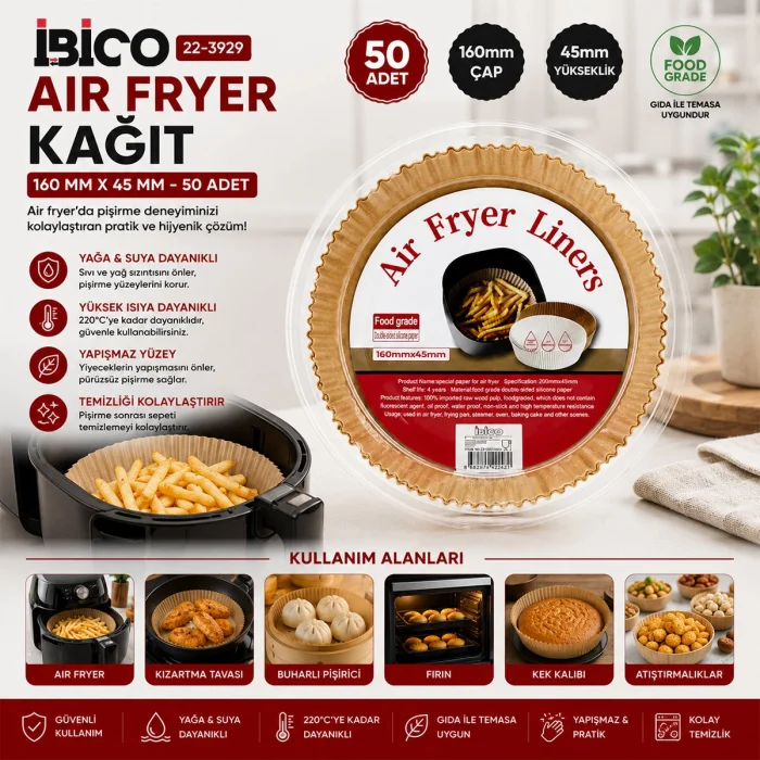50PCS YUVARLAK TABAN: 16CM - KENAR: 4.5CM AİR FRYER PİŞİRME KALIP KAĞIT (5047)
