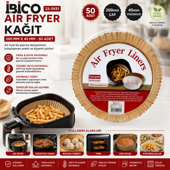 50PCS YUVARLAK TABAN: 20CM - KENAR: 4.5CM AİR FRYER PİŞİRME KALIP KAĞIT (5047)