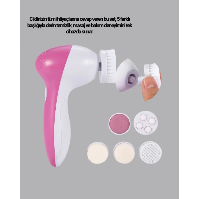 5’i 1 Arada Yüz Temizleme Cihazı – Masaj, Fırça, Peeling ve Krem Uygulama Aparatlı