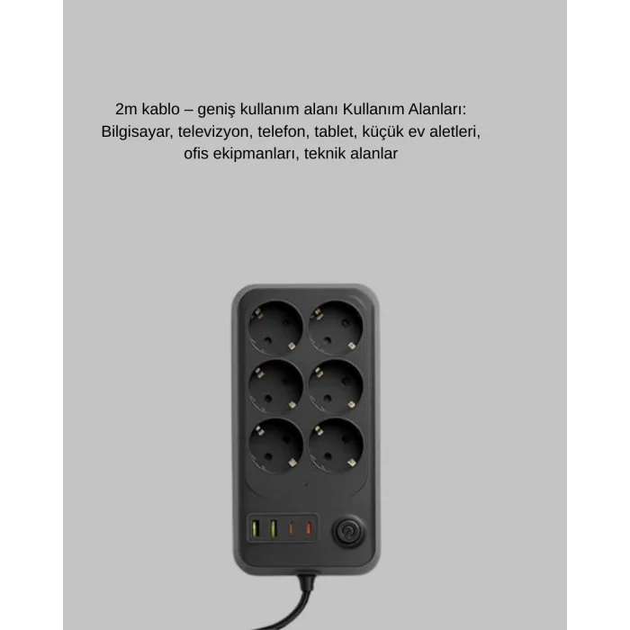 6 Prizli Çoklu Uzatma Kablosu USB Type-C Hızlı Şarj Termal Koruma