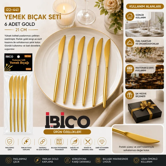 60 PARÇA GOLD YEMEK BIÇAK SETİ 21CM - 1 PAKET İÇİNDE 6 ADET VARDIR - 10 PAKET GÖNDERİLİR (5047)