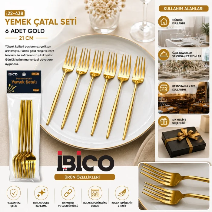 60 PARÇA GOLD YEMEK ÇATAL SETİ 21CM - 1 PAKET İÇİNDE 6 ADET VARDIR - 10 PAKET GÖNDERİLİR (5047)