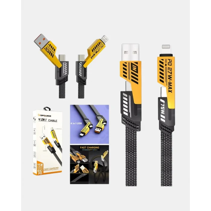 65W Çoklu Şarj Kablosu 4’ü 1 Arada Örgülü Hızlı Veri Aktarım USB-C USB-A
