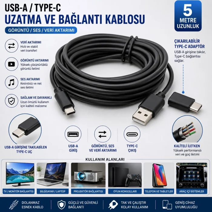 shopwave 5 metre USB-A → USB Type-C uzatma/bağlantı kablosu