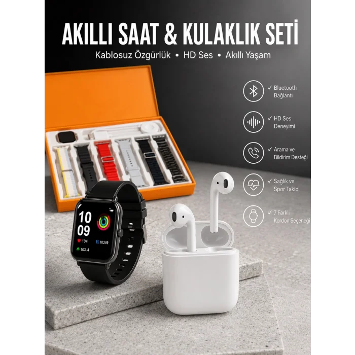 7 Kordonlu Akıllı Saat Ve 2.Nesil Kulaklık Yüksek Ses Kaliteli Uzun Pil Ömrü