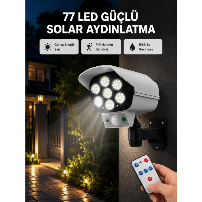 77 LEDli Güneş Enerjili Güvenlik Lambası ve Kukla Kamera – Hareket Sensörlü, 2400mAh Pilli