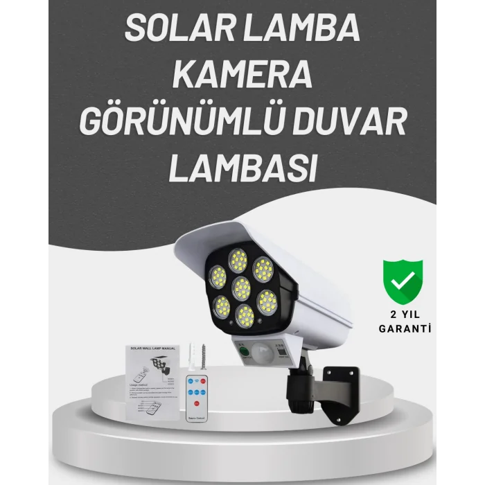 77 LEDli Güneş Enerjili Güvenlik Lambası ve Kukla Kamera – Hareket Sensörlü, 2400mAh Pilli