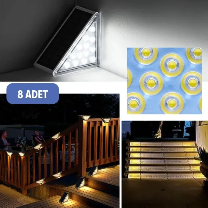  8 Adet Üçgen  Güneş Enerjisi ile Şarj Olan Dış Mekan Solar Basamak Köşe Lambası (5047)