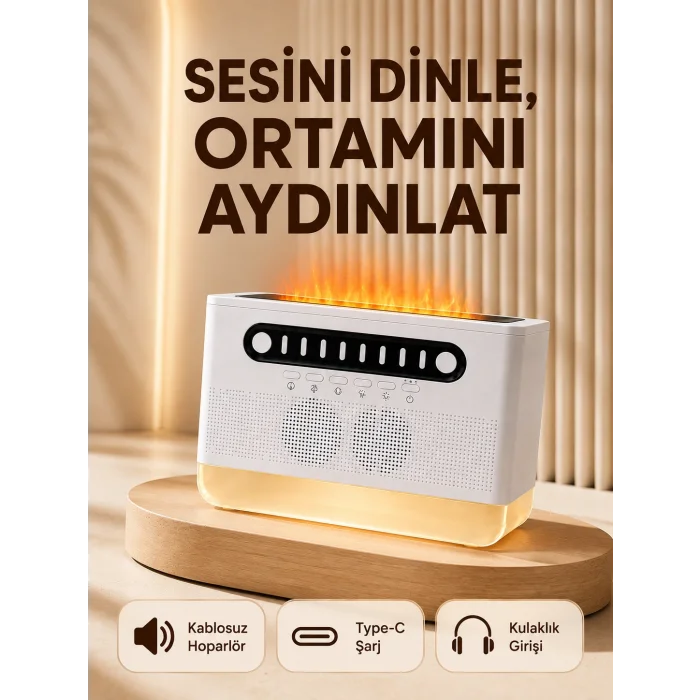 8 Çeşit Beyaz Gürültülü Kablosuz Hoparlör ve Renkli Alev Efektli Gece Lambası