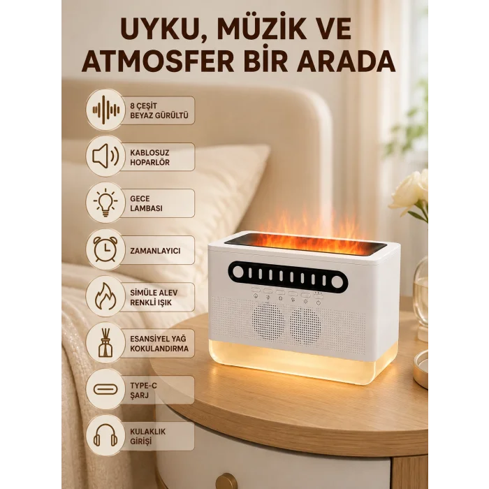 8 Çeşit Beyaz Gürültülü Kablosuz Hoparlör ve Renkli Alev Efektli Gece Lambası