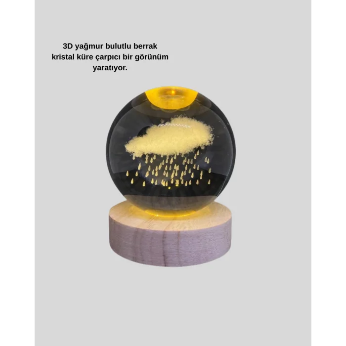 8 cm 3D Yağmur Bulutu Kristal Küre LED Gece Lambası Ahşap Standlı Tasarım Lamba