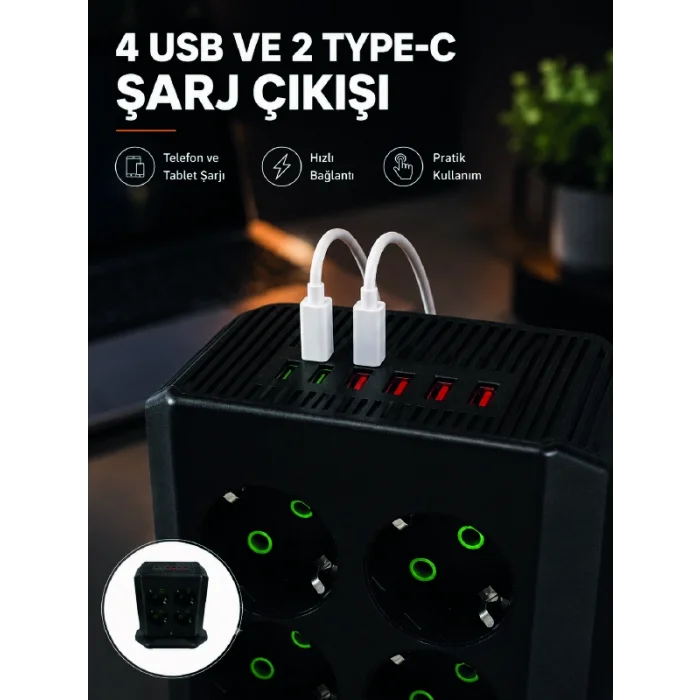 8li Dikey Çoklu Priz 4 USB 2 Type-C Akım Korumalı Anahtarlı Priz