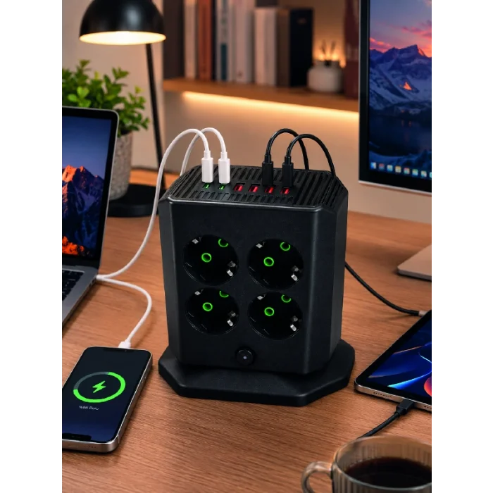 8li Dikey Çoklu Priz 4 USB 2 Type-C Akım Korumalı Anahtarlı Priz
