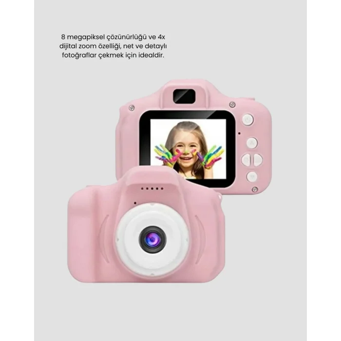 8MP Mini Çocuk Fotoğraf Makinesi – Pembe Ses Kaydı Özellikli