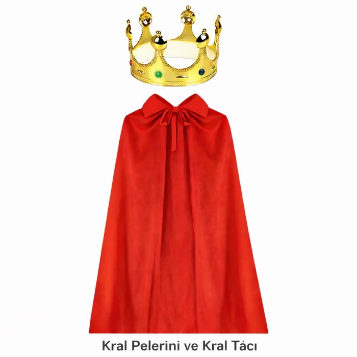 90 cm Kral Pelerini ve Altın Kral Tacı Seti