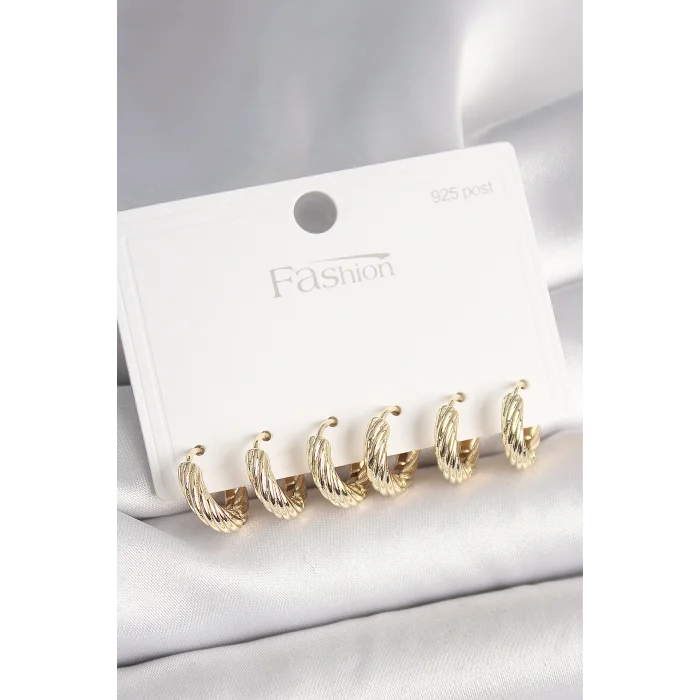 925 Ayar Gümüş Çivi Pirinç Gold Renk İşlemeli Halka Model Kadın Küpe Seti