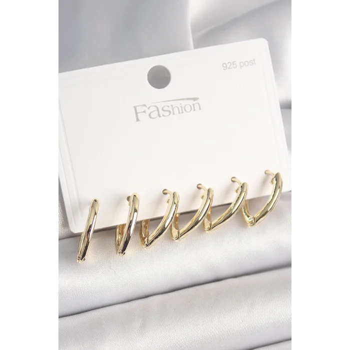 925 Ayar Gümüş Çivi Pirinç Gold Renk Üçgen Model Kadın Küpe Seti