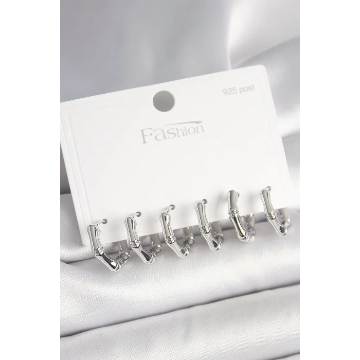 925 Ayar Gümüş Çivi Pirinç Gümüş Renk Bambu Halka Model Kadın Küpe Seti