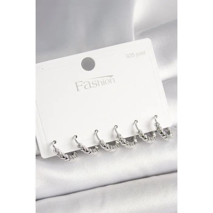 925 Ayar Gümüş Çivi Pirinç Gümüş Renk Kalp İşlemeli Halka Model Kadın Küpe Seti