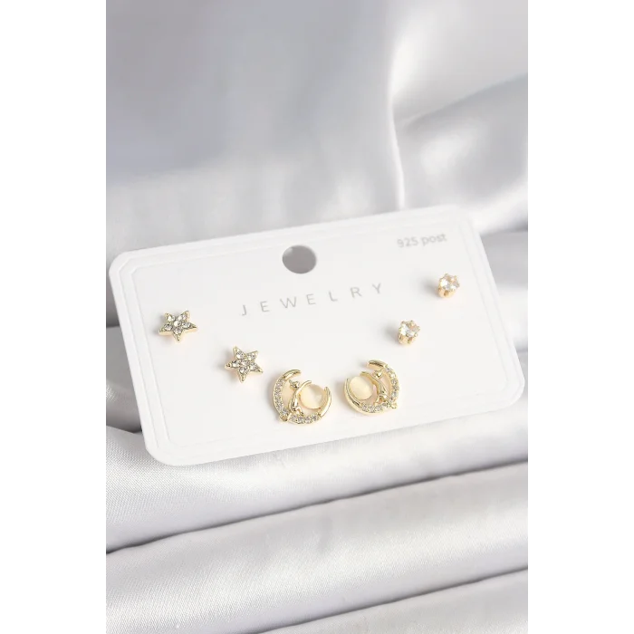 925 Ayar Gümüş Çivi Zirkon Taşlı Hilal Yıldız Model Kadın Küpe Seti