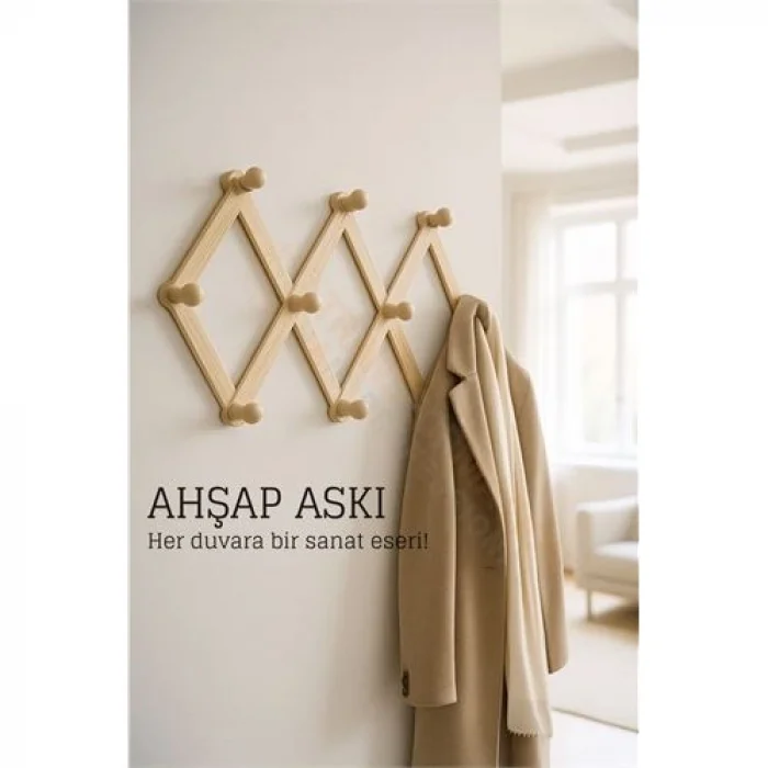 Ahşap Akordeon Duvar Askısı - Dekoratif, Çok Amaçlı, 10 Kancalı Akıllı Askılık 722371