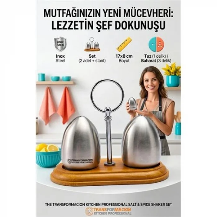 Ahşap Standlı Inox Paslanmaz Çelik Yumurta Formlu Tuzluk Biberlik Seti 723146